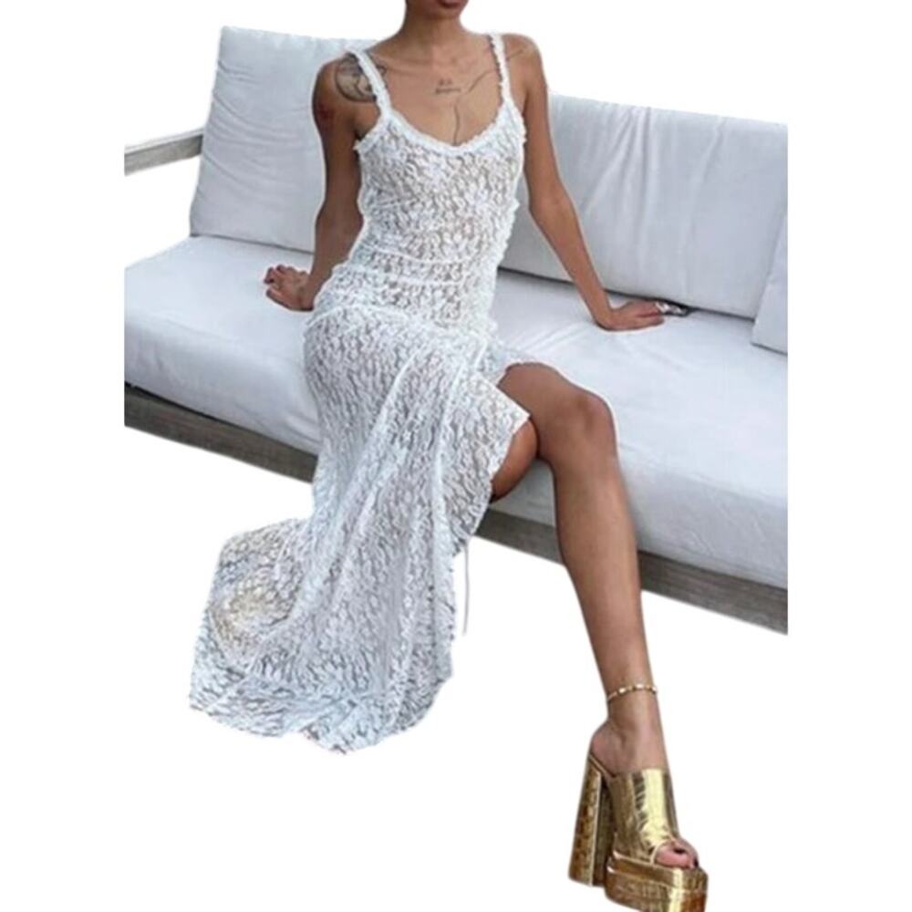 Micas Women's White Floral Lace Tie Back Slit Maxi Dress in White size XL